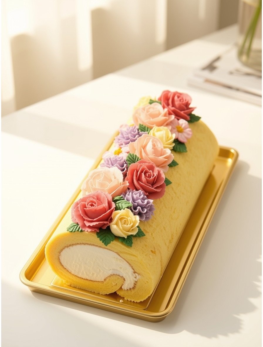 米粉のミルクロールに白あんの花を絞ったフラワーケーキ